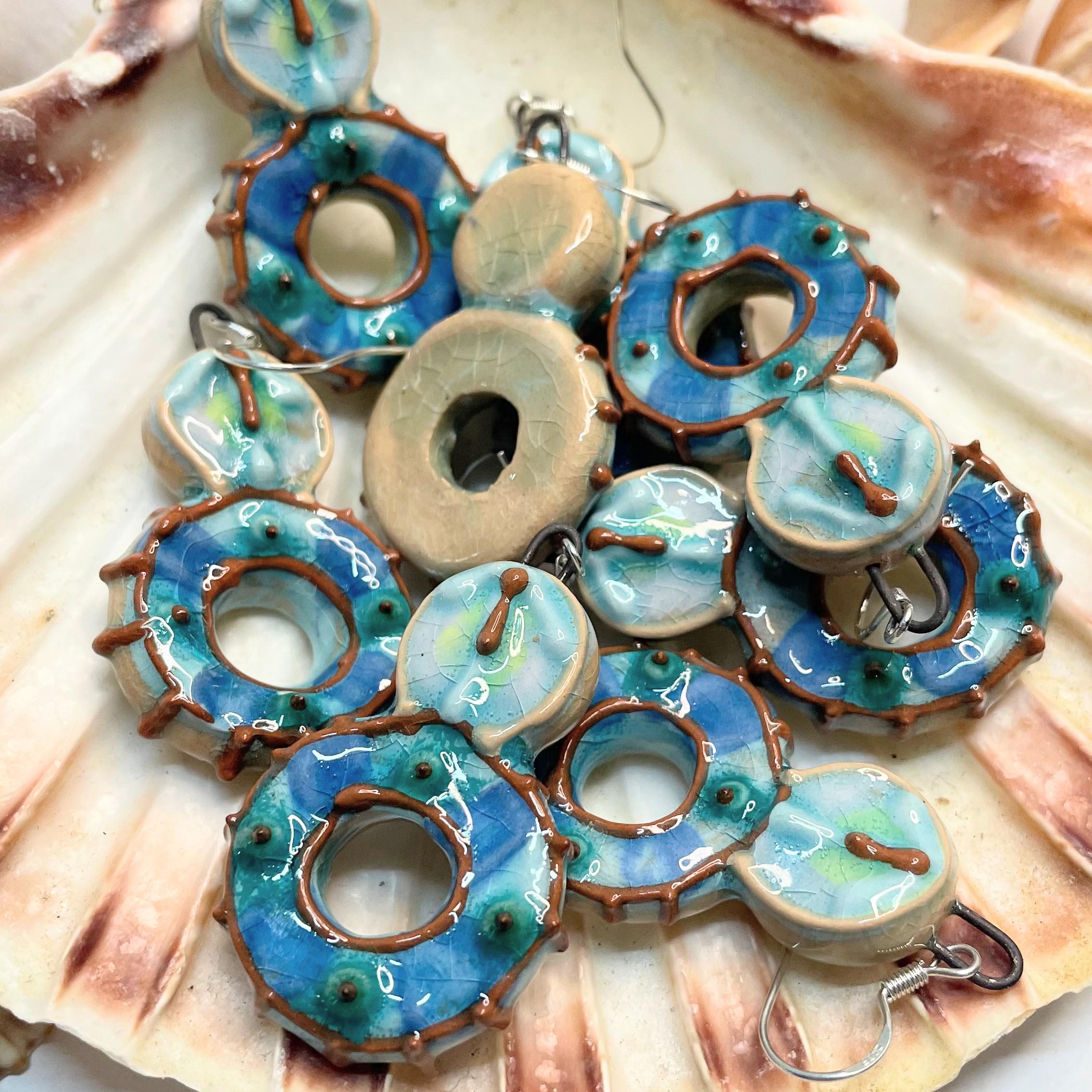 Handmade Ceramic Round Earrings in Blue